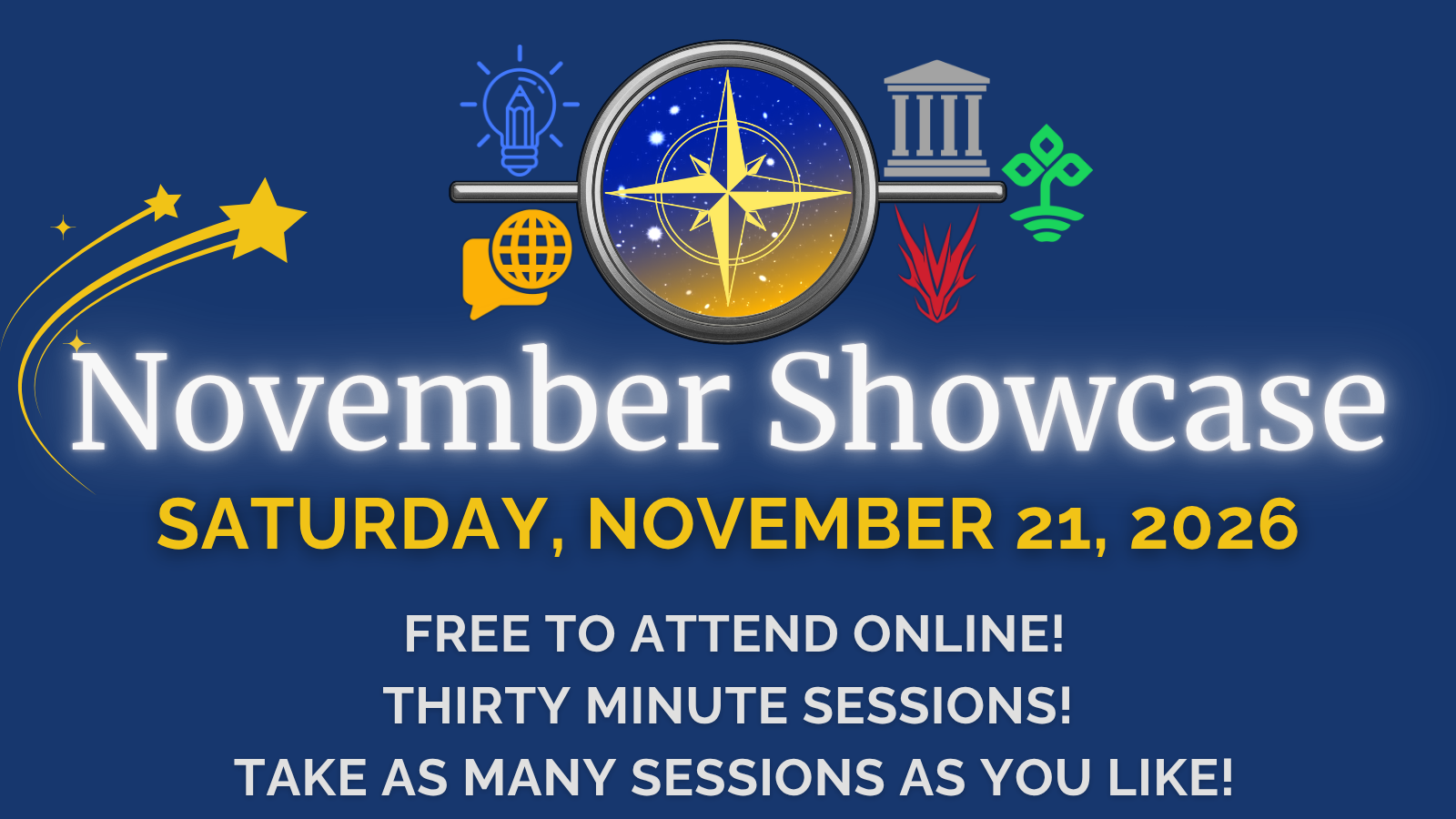 The text, November Showcase Saturday, Nov 21, 2026, on a plain blue background