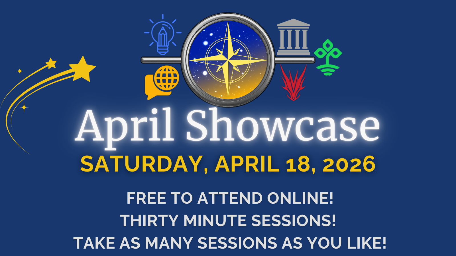 The text, April Showcase Saturday, April 18, 2026, on a plain blue background